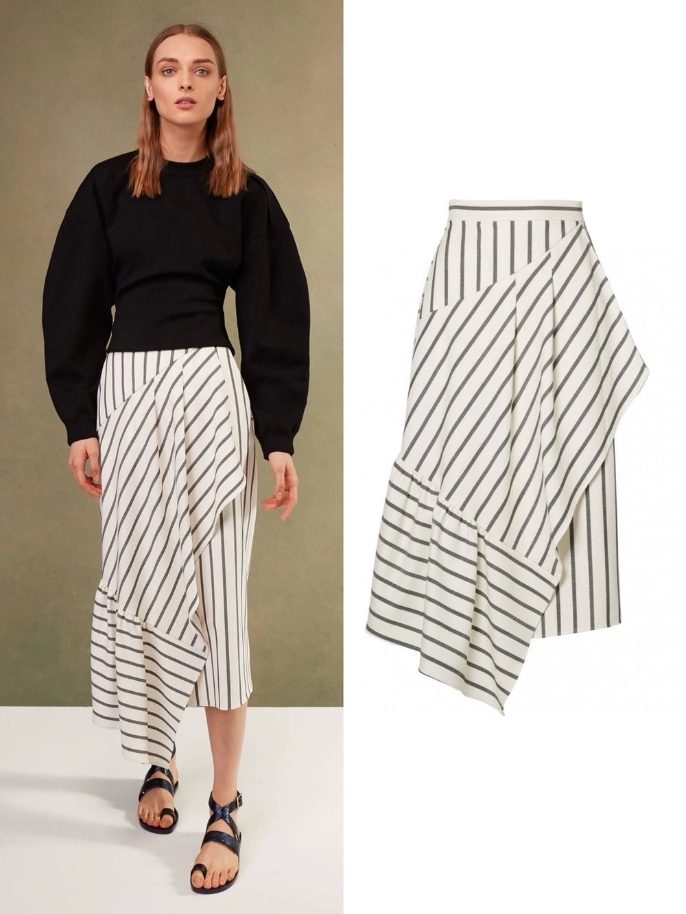 TIBI Lucci Stripe Asymmetrical Pleated Midi Skirt in White Black